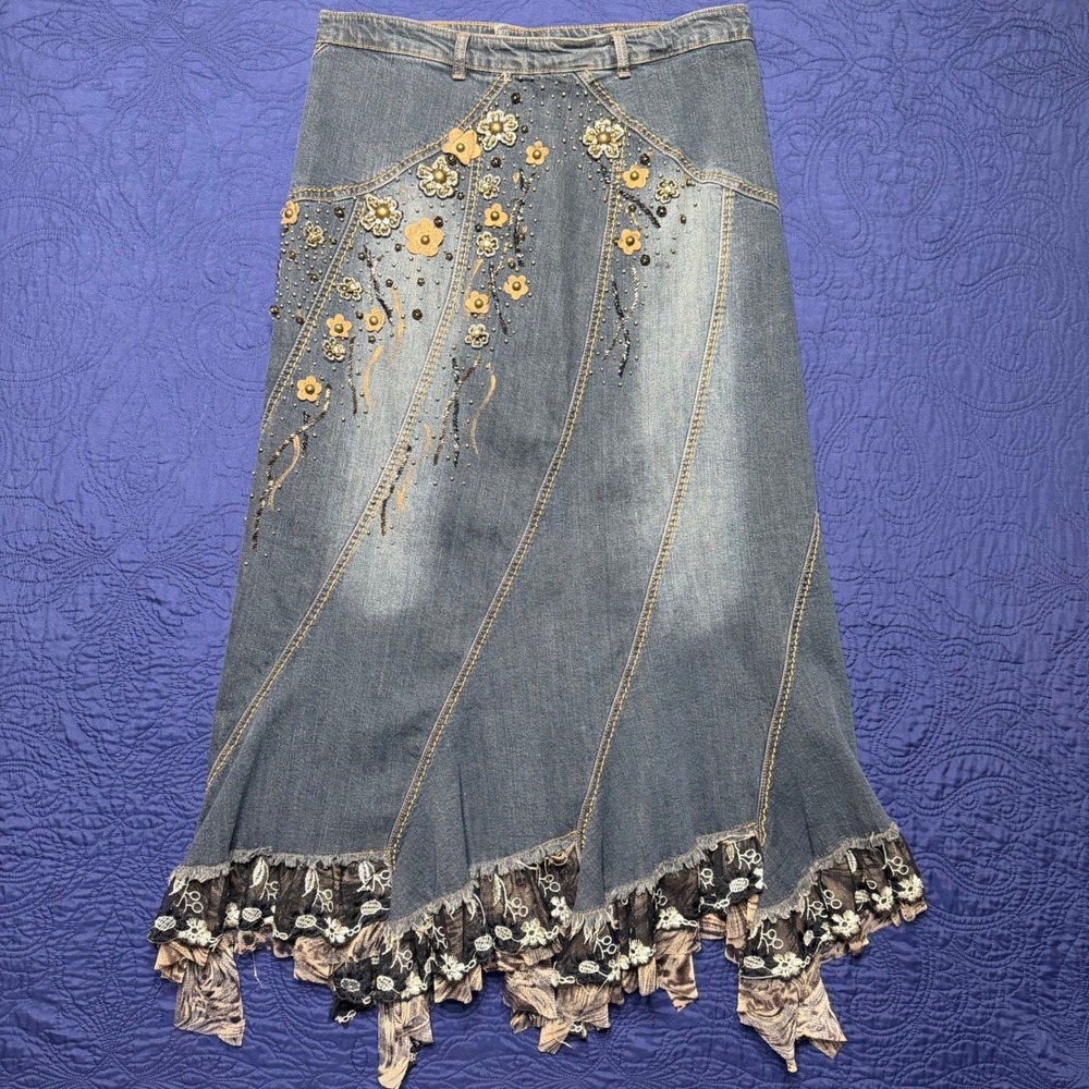 Y2K Fairycore Goth Denim Maxi Skirt Beaded Floral Lace Ruffle Boho Whimsigoth XL
